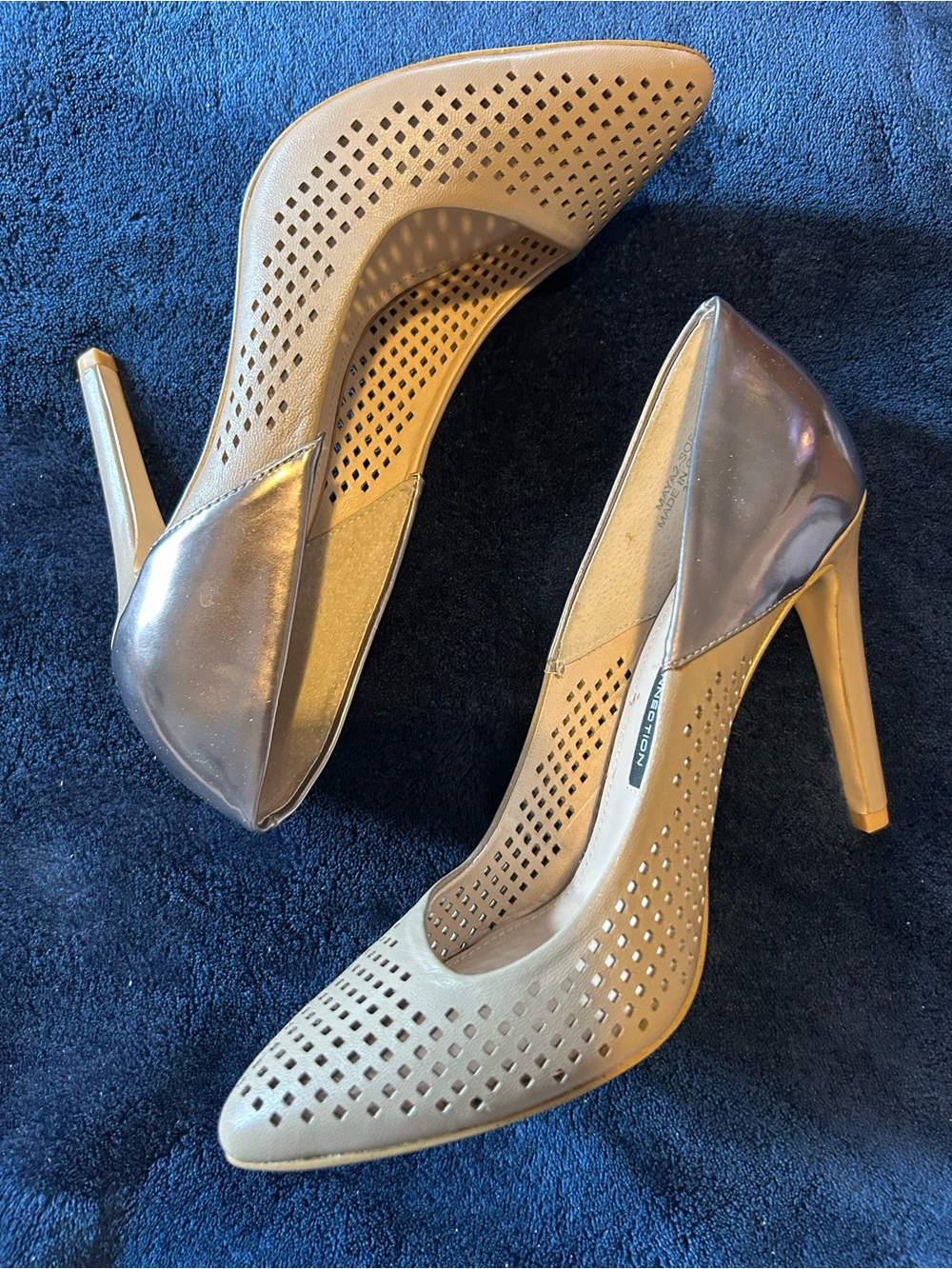 French Connection Perforated Pointed-Toe High Heels in Taupe and Metallic Brown